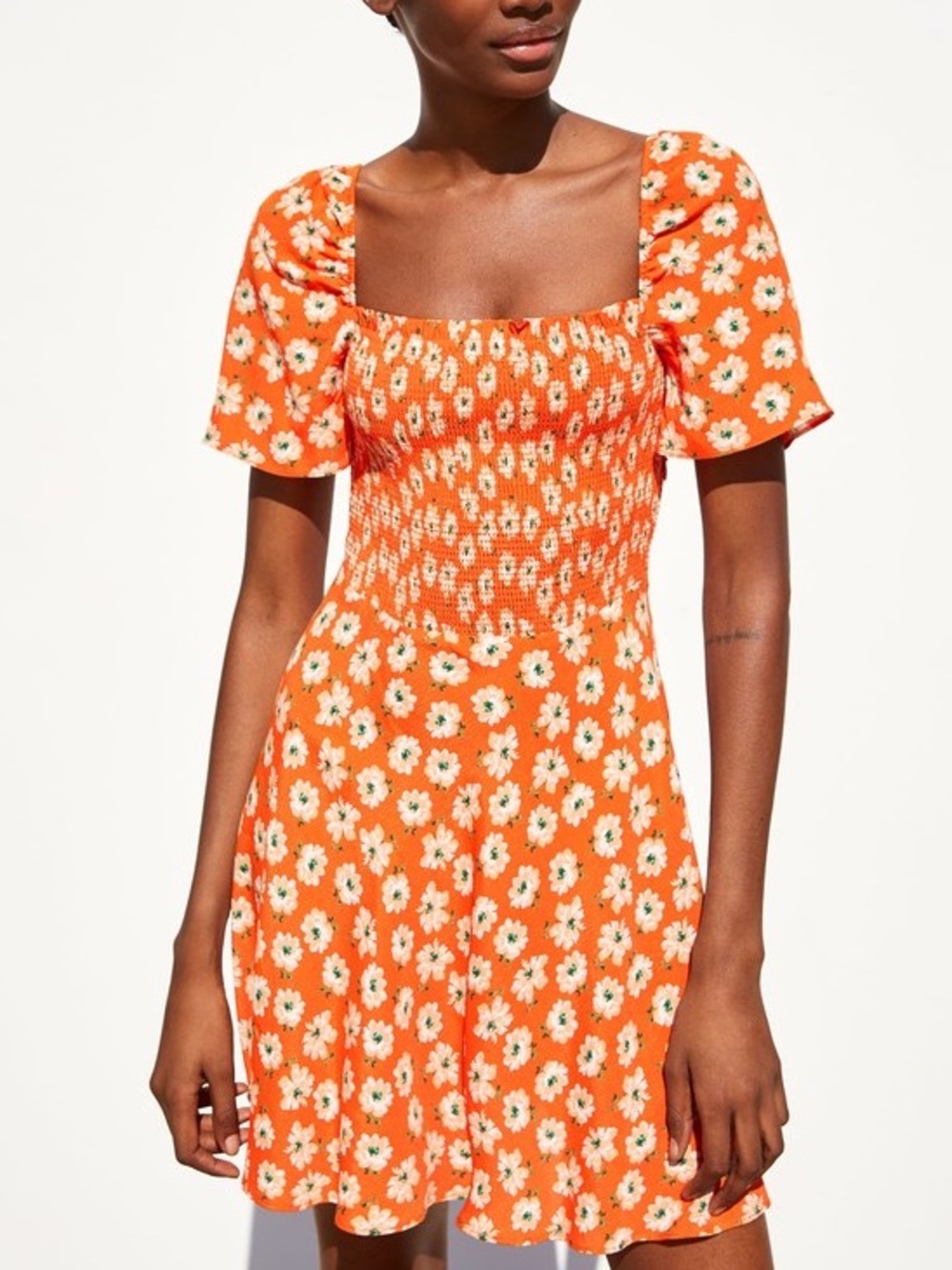 Zara| Bright Orange Floral Square-Neck Smocked Mini Dress Sz L